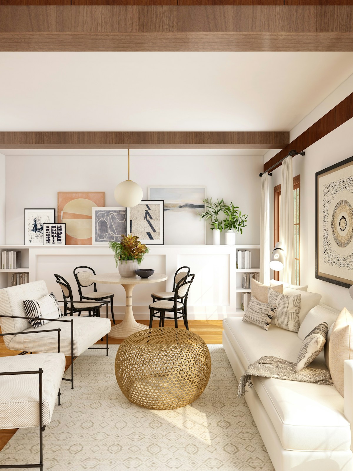 A bright, welcoming unit interior with a lounge and dining area